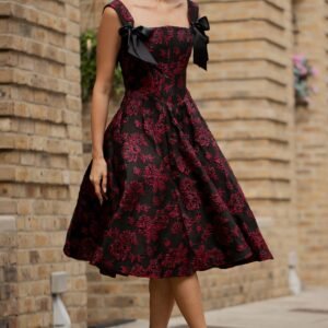 Goddiva Jacquard Multiway Bow Strap Skater Midi Dress - Black
