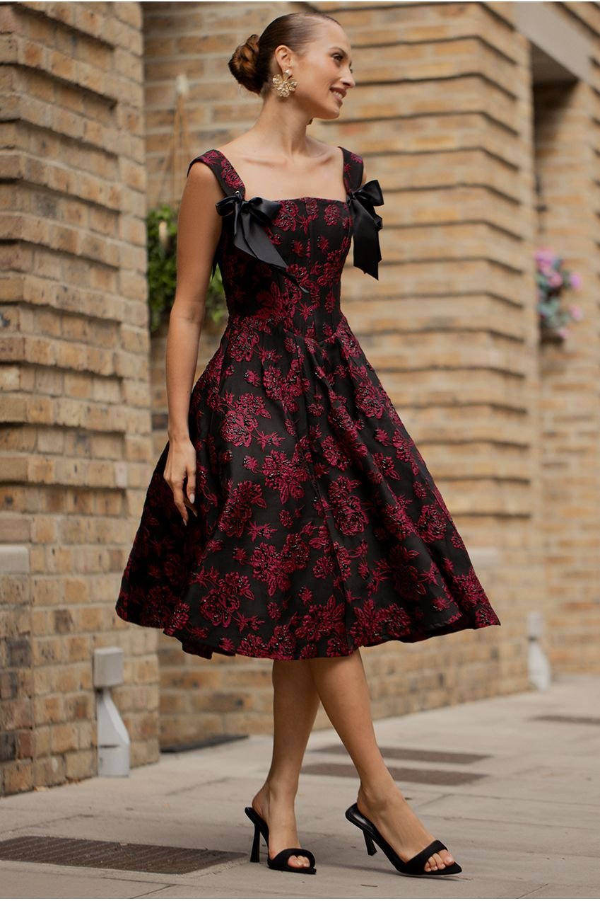 Goddiva Jacquard Multiway Bow Strap Skater Midi Dress – Black