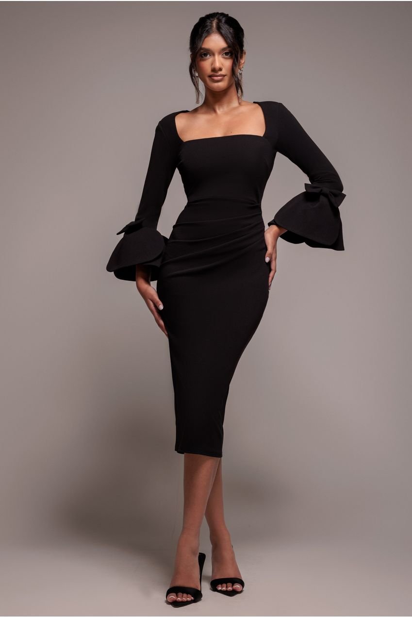 Goddiva Petal Bow Sleeve Frill Midi Dress – Black