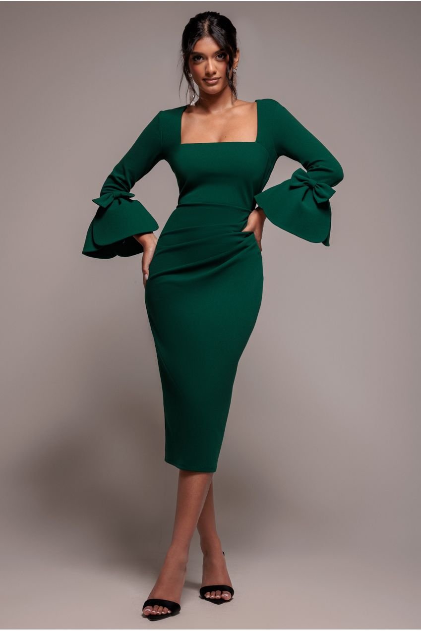 Goddiva Petal Bow Sleeve Frill Midi Dress – Emerald Green