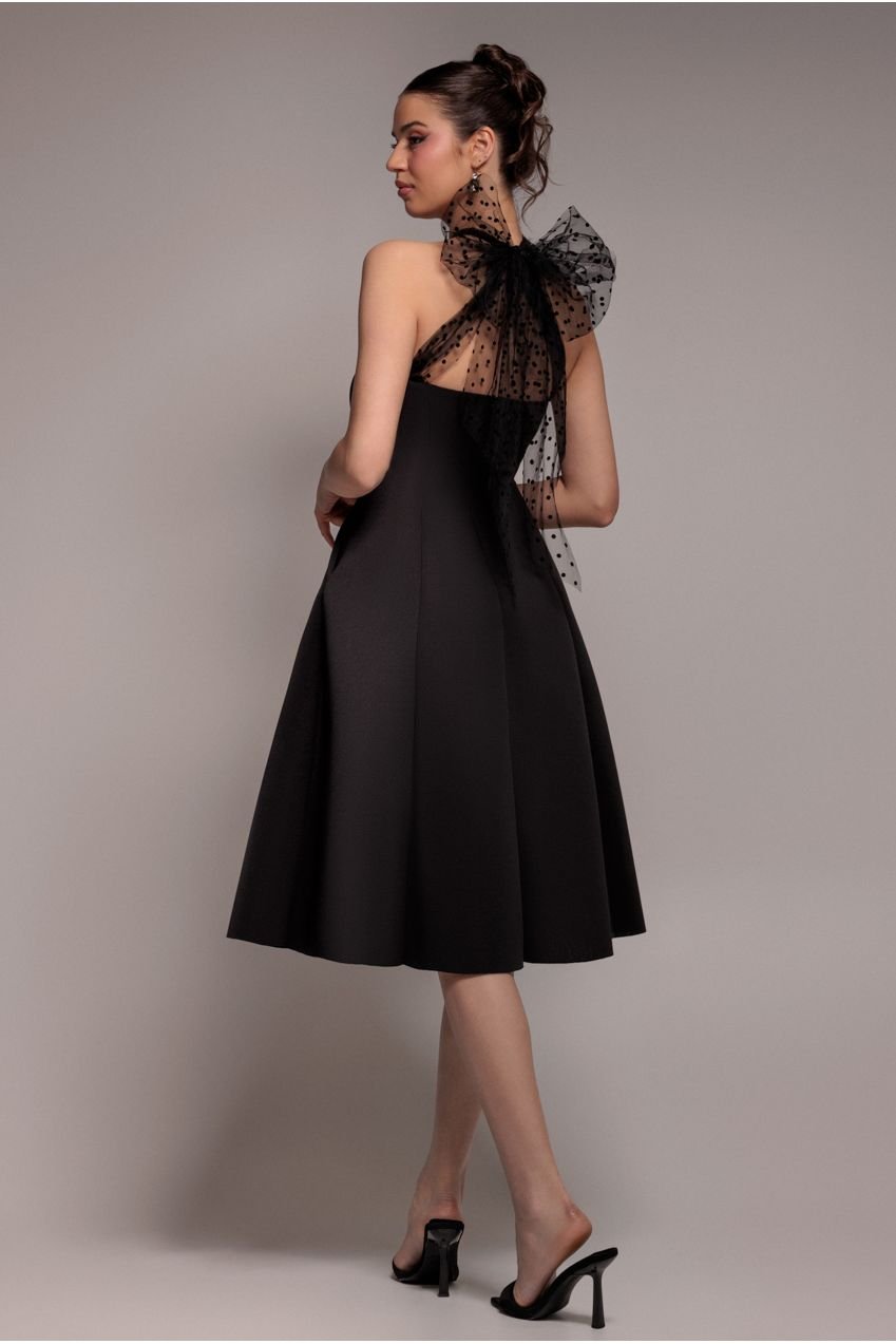 Goddiva Scuba & Polka Mesh Bella Bow Multiway A-Line Midi Dress – Black