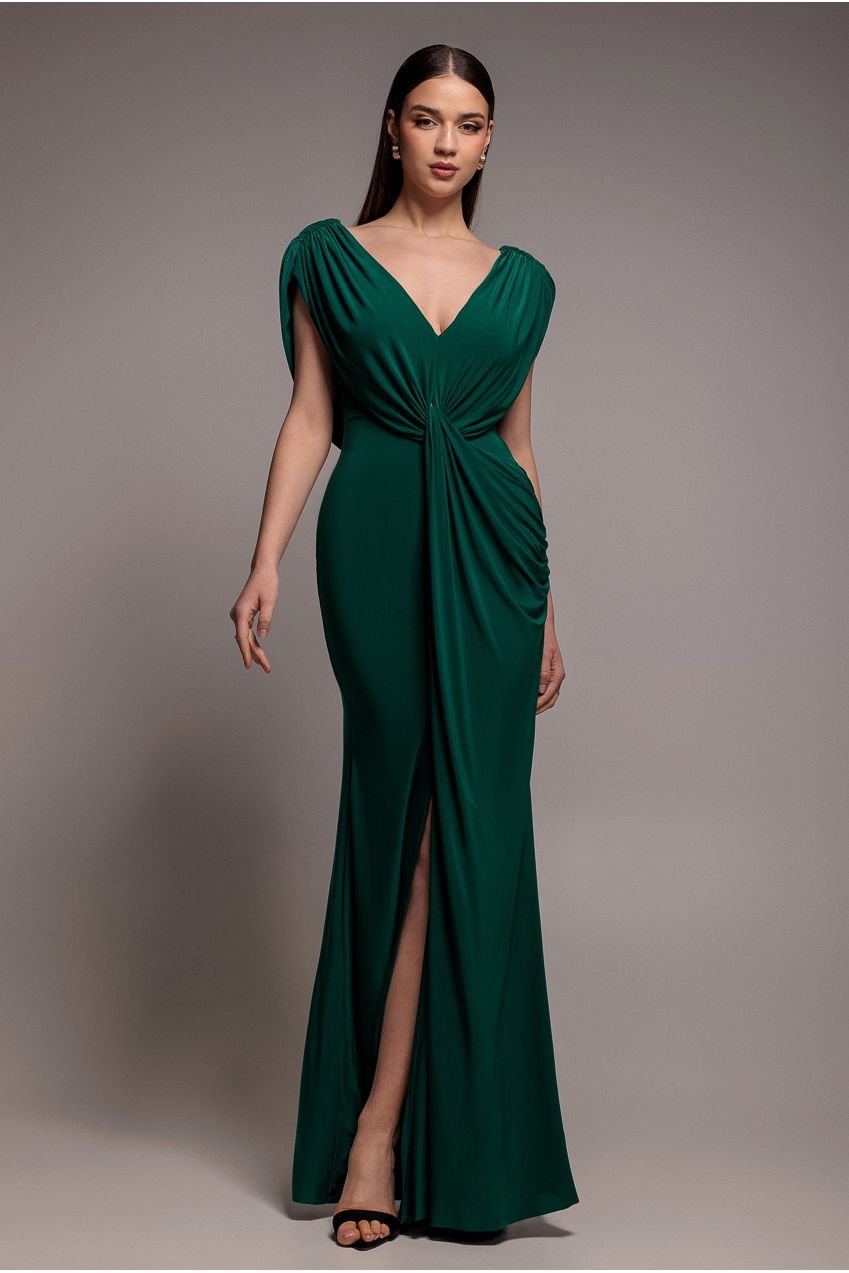 Goddiva Cowl Plunge Draped Mermaid Maxi Dress – Emerald Green