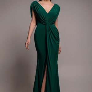 Goddiva Cowl Plunge Draped Mermaid Maxi Dress - Emerald Green