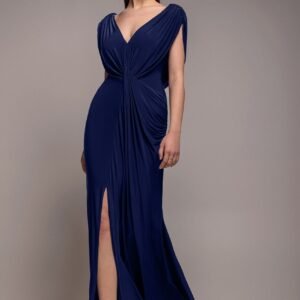 Goddiva Cowl Plunge Draped Mermaid Maxi Dress - Navy Blue