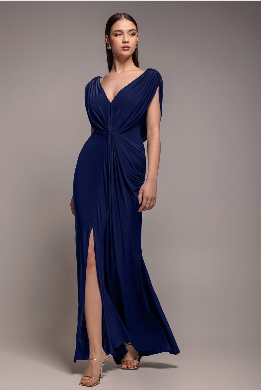 Goddiva Cowl Plunge Draped Mermaid Maxi Dress – Navy Blue