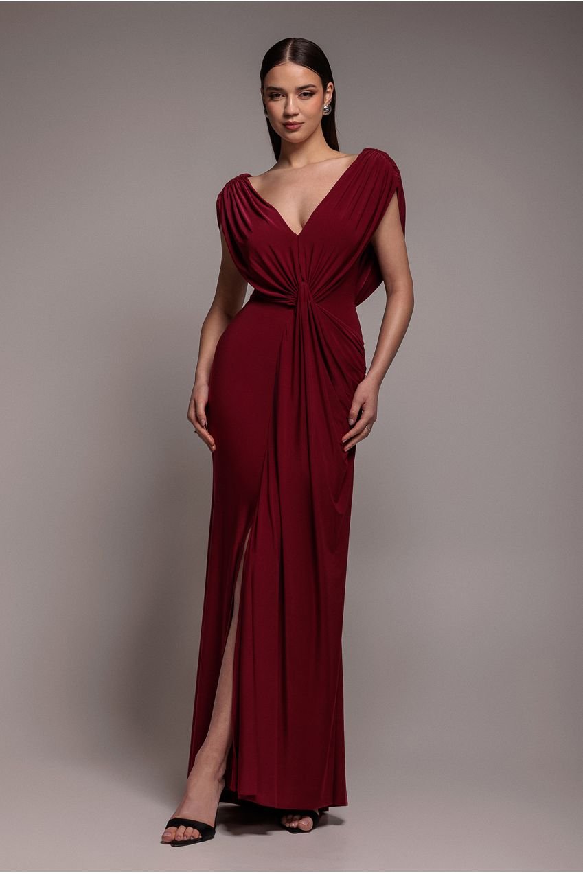 Goddiva Cowl Plunge Draped Mermaid Maxi Dress – Wine