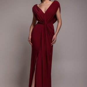 Goddiva Cowl Plunge Draped Mermaid Maxi Dress - Wine