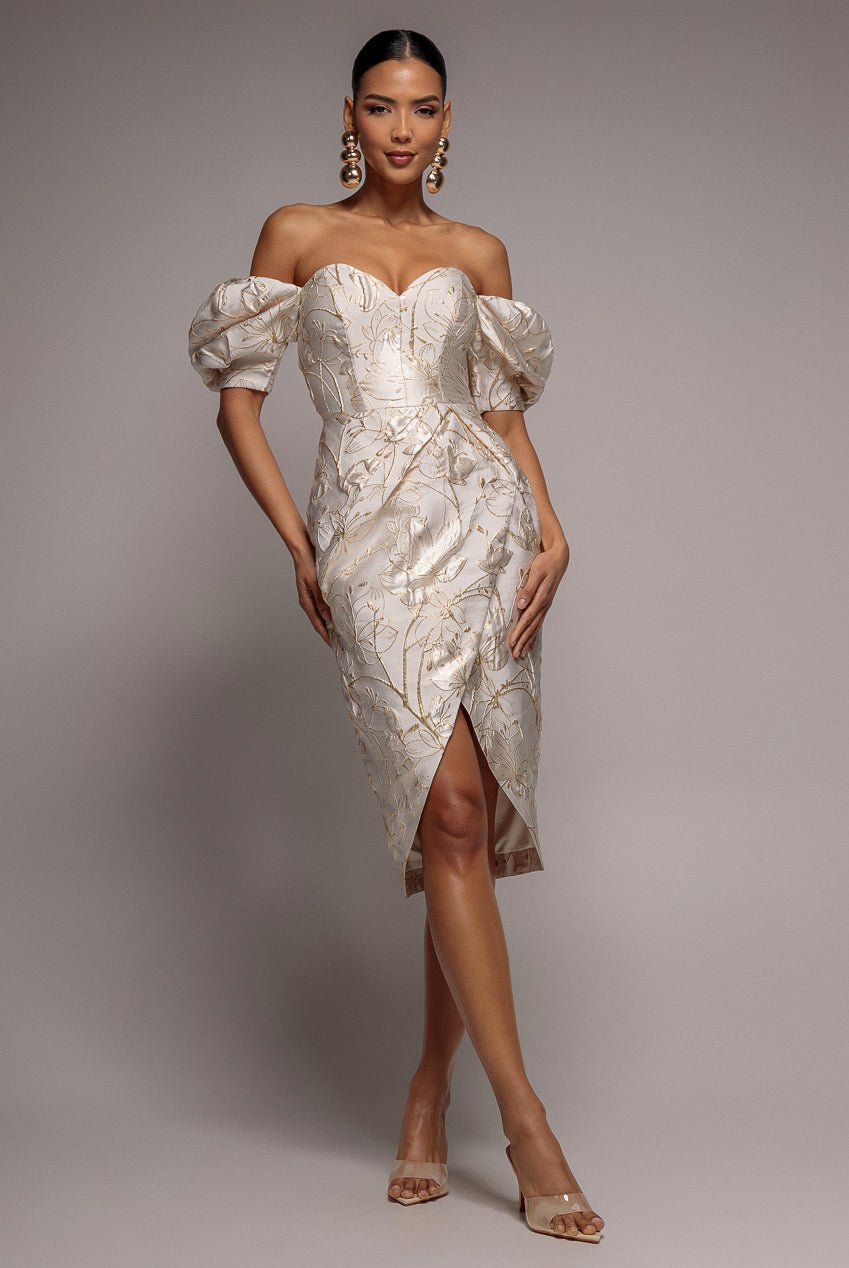Goddiva Puff Sleeve Sweetheart Midi Dress – Cream