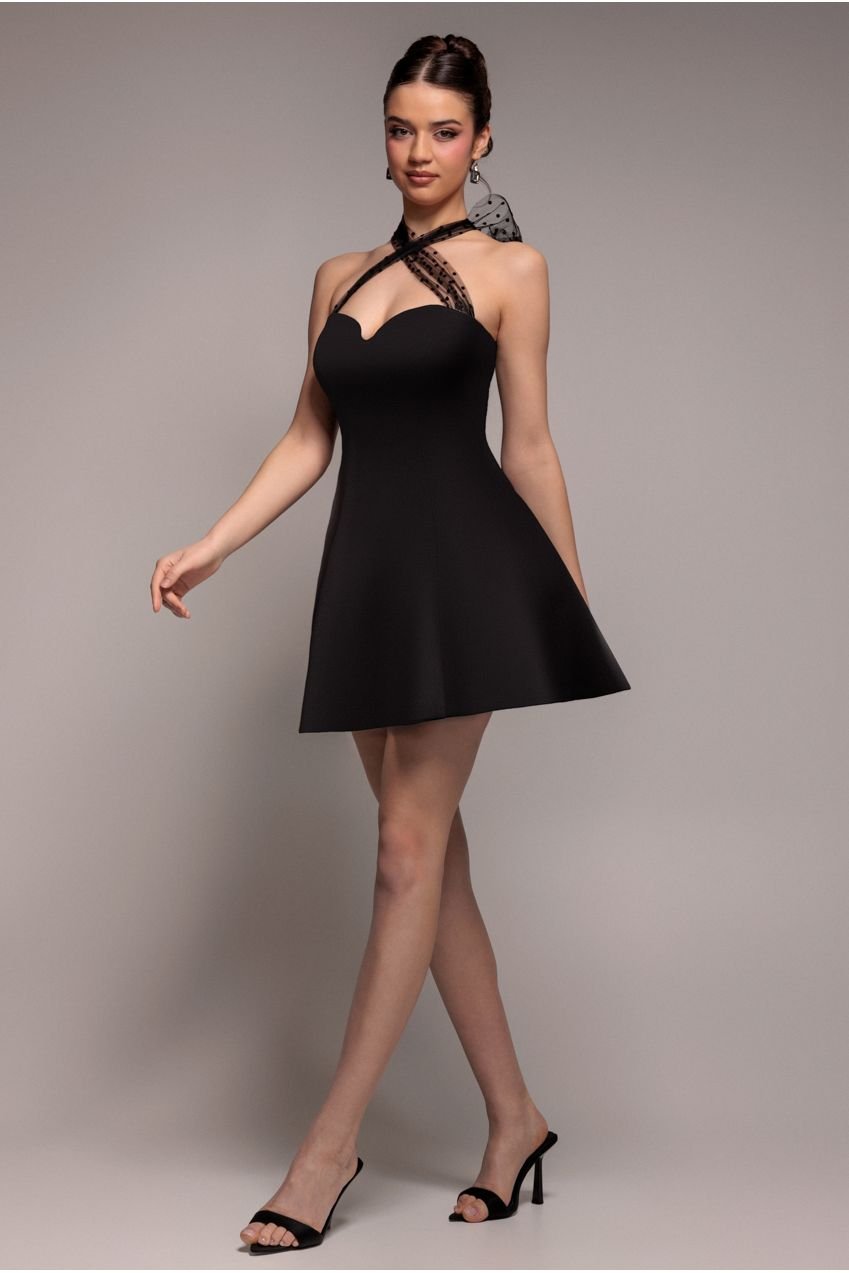 Goddiva Scuba & Polka Mesh Bella Bow Multiway Skater Mini Dress – Black