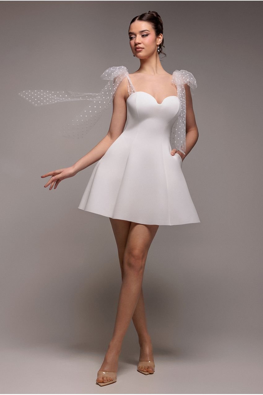 Goddiva Scuba & Polka Mesh Bella Bow Multiway Skater Mini Dress – White