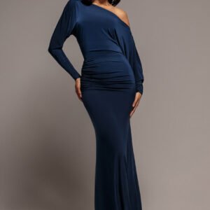 Goddiva Bat Wing Elasticated Side Gather Maxi Dress - Navy Blue