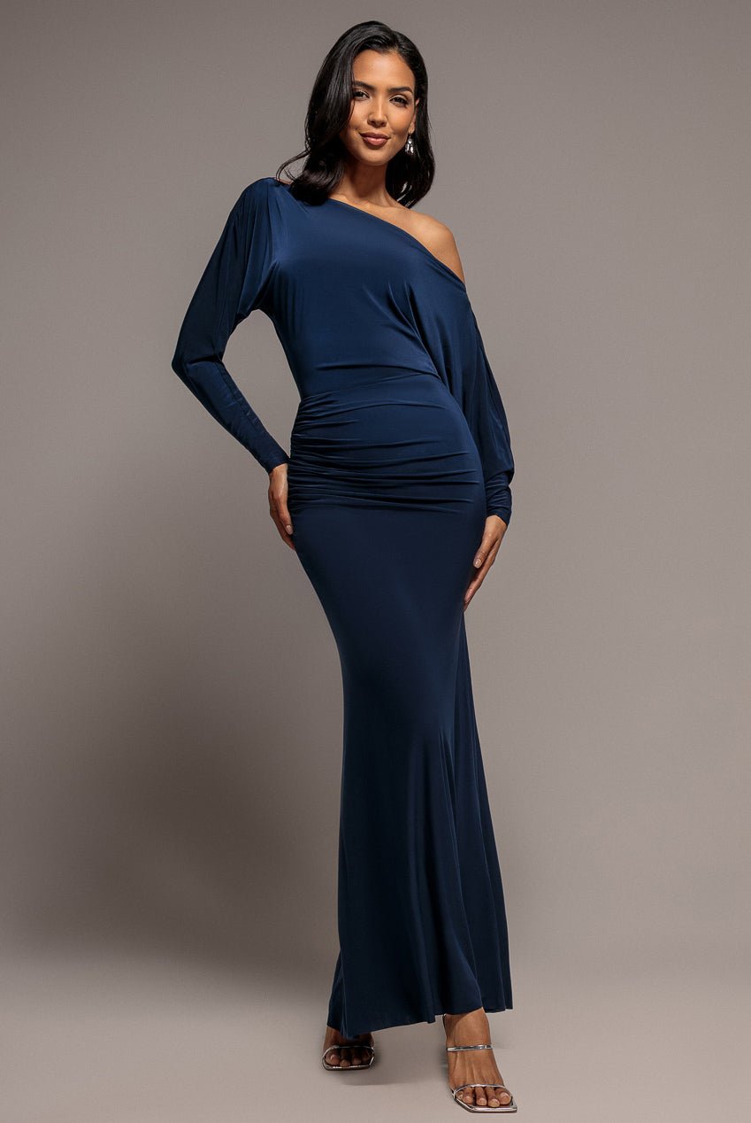 Goddiva Bat Wing Elasticated Side Gather Maxi Dress – Navy Blue
