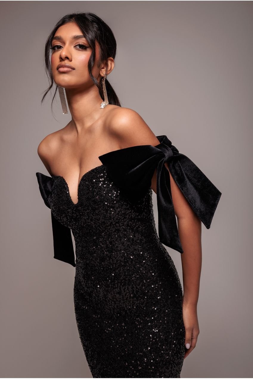 Goddiva Sequin Off The Shoulder Velvet Bow Maxi Dress – Black