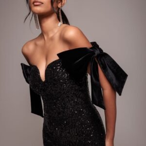 Goddiva Sequin Off The Shoulder Velvet Bow Maxi Dress - Black