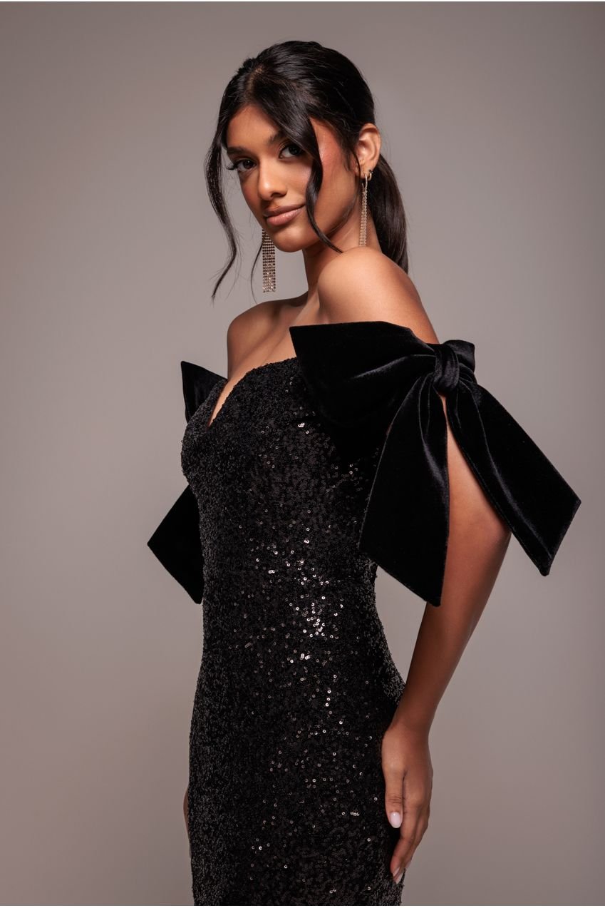 Goddiva Sequin Off The Shoulder Velvet Bow Midi Dress – Black