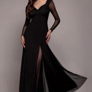 Goddiva Dobby Mesh Insert Long Sleeve A-Line Maxi Dress - Black