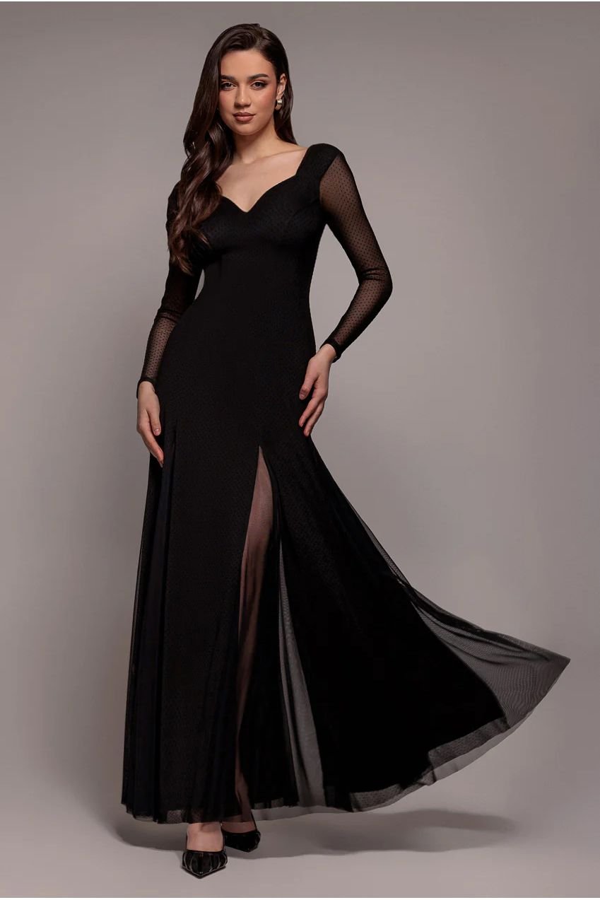 Goddiva Dobby Mesh Insert Long Sleeve A-Line Maxi Dress – Black