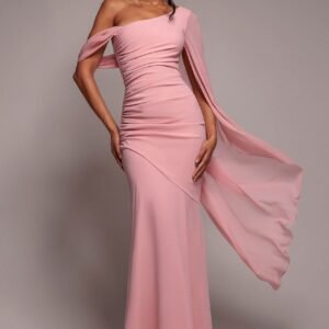 Goddiva One Shoulder Cape Scuba & Chiffon Maxi Dress - Blush Pink