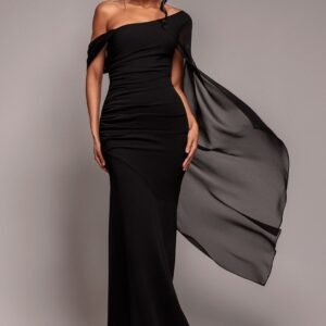 Goddiva One Shoulder Cape Scuba & Chiffon Maxi Dress - Black