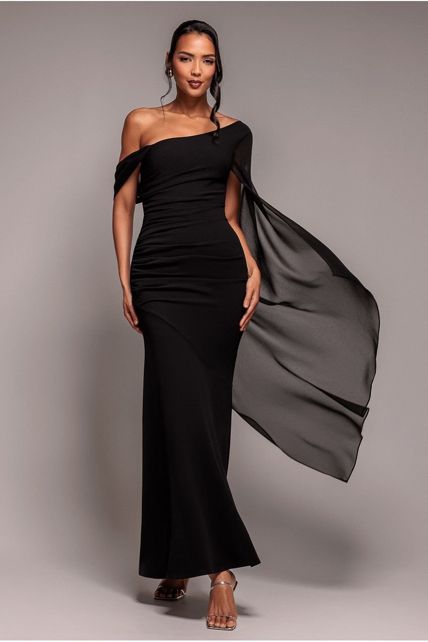 Goddiva One Shoulder Cape Scuba & Chiffon Maxi Dress – Black
