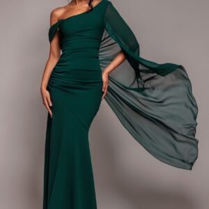 Goddiva One Shoulder Cape Scuba & Chiffon Maxi Dress - Emerald Green
