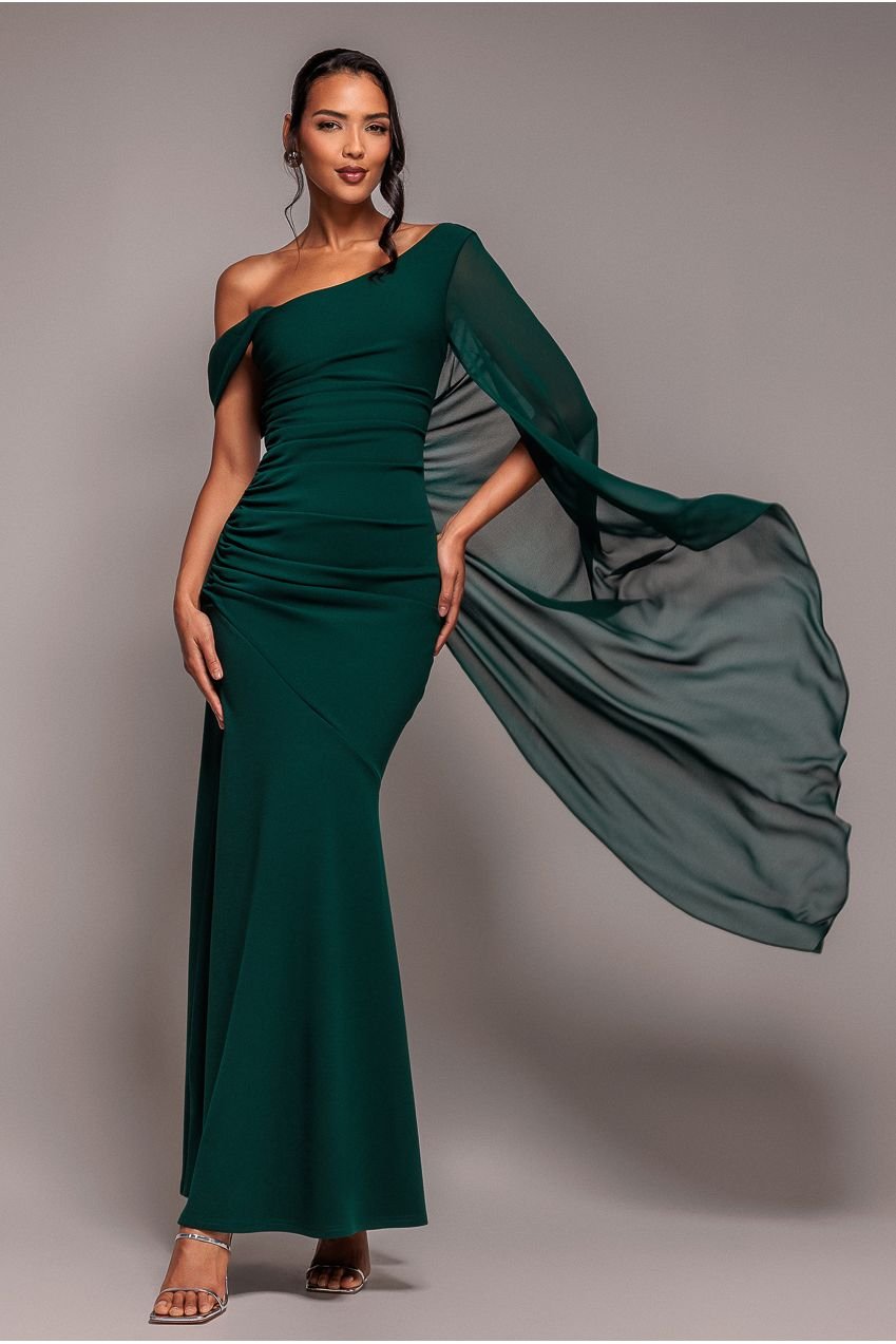 Goddiva One Shoulder Cape Scuba & Chiffon Maxi Dress – Emerald Green