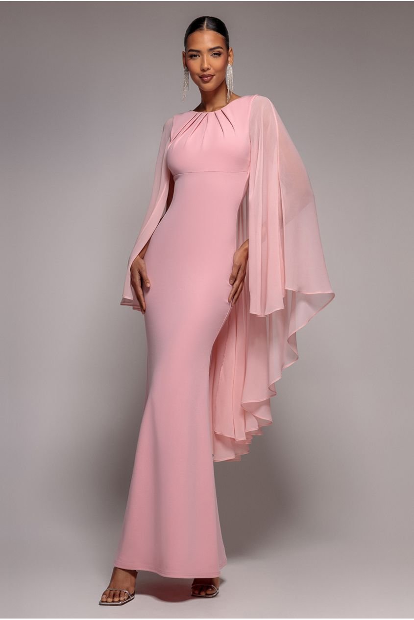 Goddiva Cape Sleeve Chiffon And Scuba Crepe Maxi Dress – Blush Pink