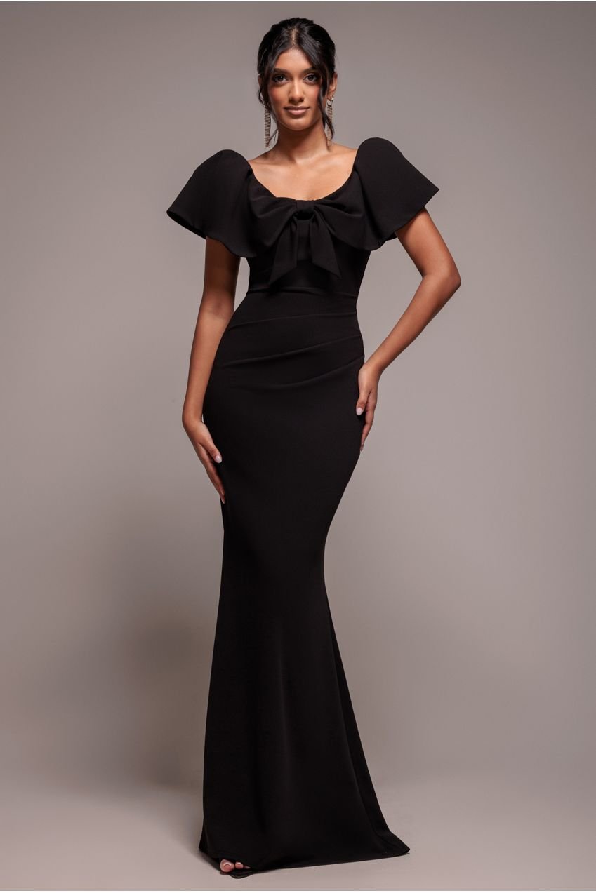 Goddiva Cape Sleeve Detail Front Tie Maxi Dress – Black