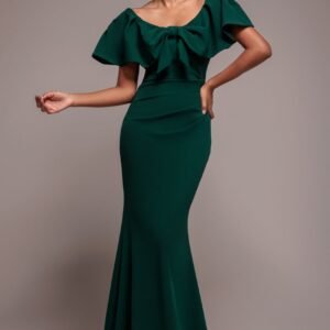 Goddiva Cape Sleeve Detail Front Tie Maxi Dress - Emerald Green