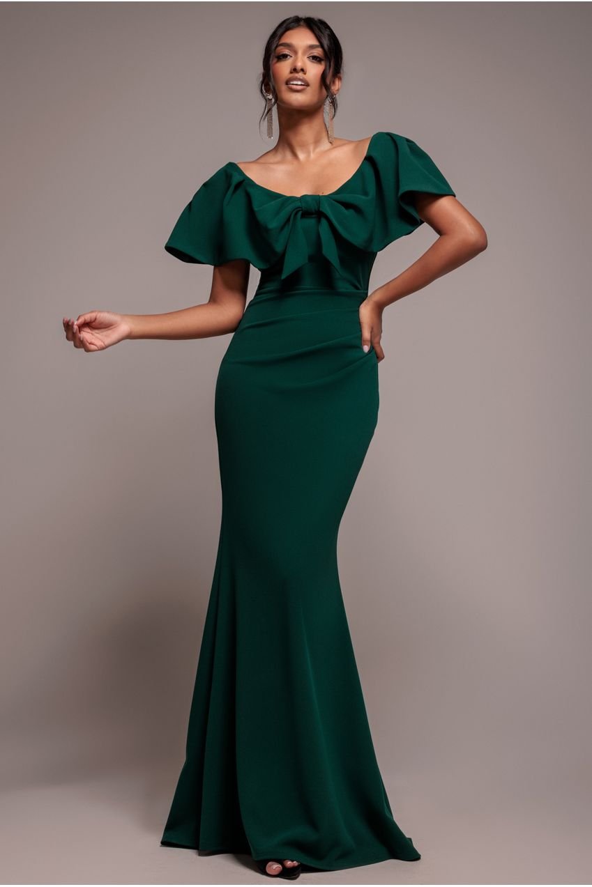 Goddiva Cape Sleeve Detail Front Tie Maxi Dress – Emerald Green