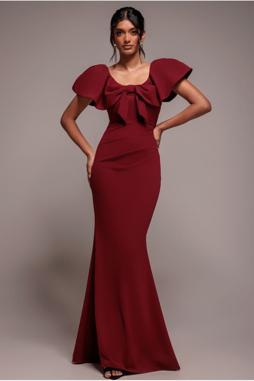 Goddiva Cape Sleeve Detail Front Tie Maxi Dress – Wine