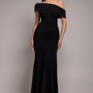 Goddiva Pleated One Shoulder Bardot Fit And Flare Maxi Dress - Black