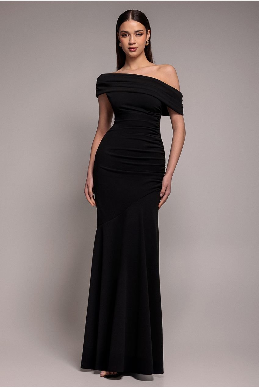 Goddiva Pleated One Shoulder Bardot Fit And Flare Maxi Dress – Black