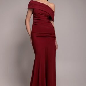 Goddiva Pleated One Shoulder Bardot Fit And Flare Maxi Dress - Burgundy