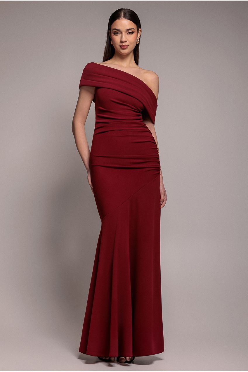 Goddiva Pleated One Shoulder Bardot Fit And Flare Maxi Dress – Burgundy
