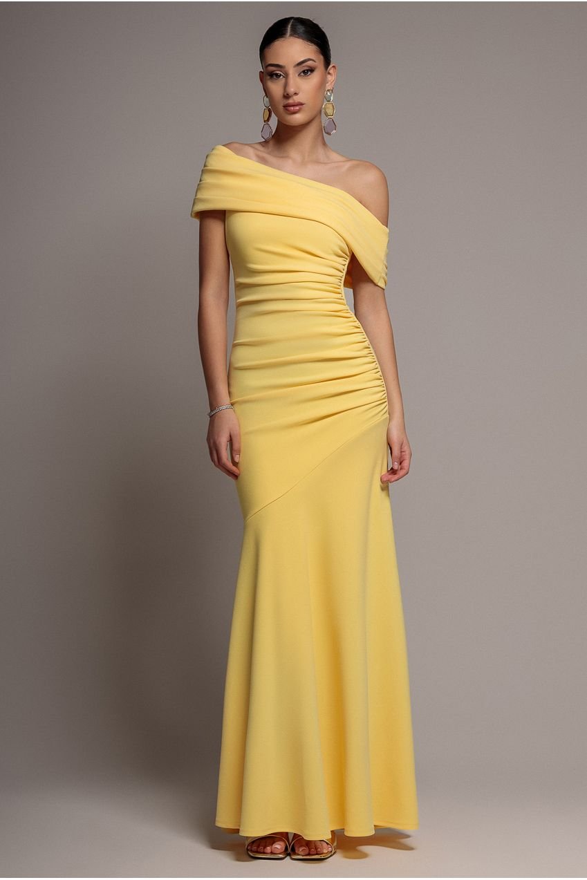 Goddiva Pleated One Shoulder Bardot Fit And Flare Maxi Dress – Butter Yellow