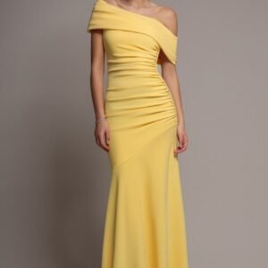 Goddiva Pleated One Shoulder Bardot Fit And Flare Maxi Dress - Butter Yellow