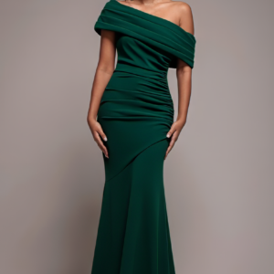 Goddiva Pleated One Shoulder Bardot Fit And Flare Maxi Dress - Emerald Green