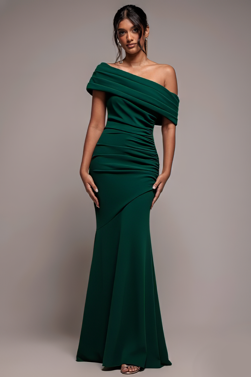 Goddiva Pleated One Shoulder Bardot Fit And Flare Maxi Dress – Emerald Green