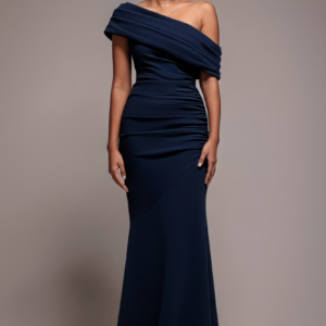 Goddiva Pleated One Shoulder Bardot Fit And Flare Maxi Dress - Navy Blue