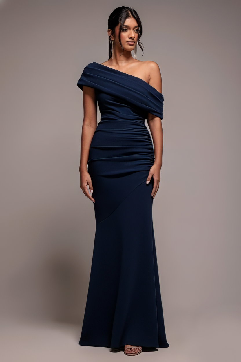 Goddiva Pleated One Shoulder Bardot Fit And Flare Maxi Dress – Navy Blue