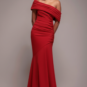 Goddiva Pleated One Shoulder Bardot Fit And Flare Maxi Dress - Red