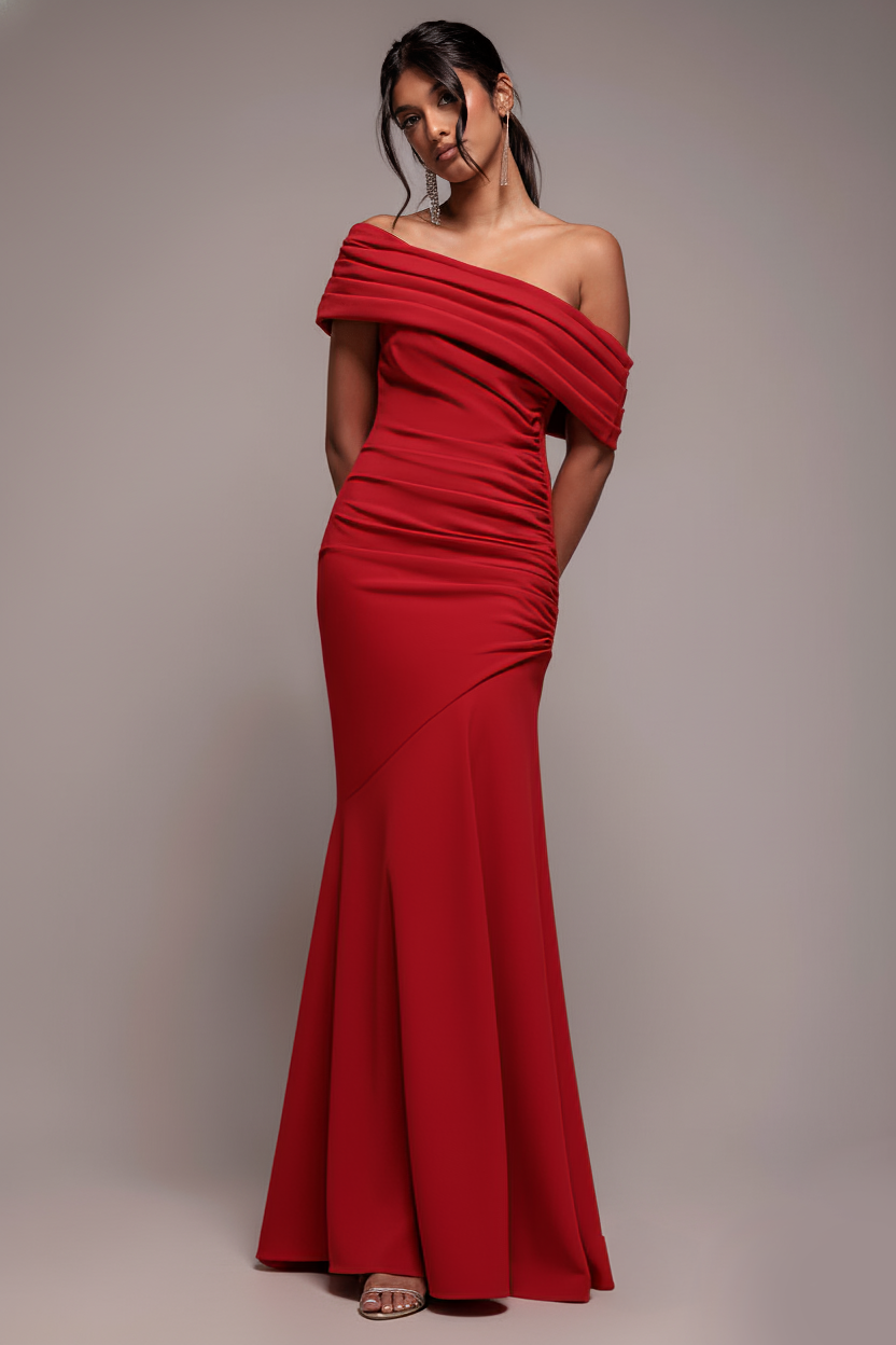 Goddiva Pleated One Shoulder Bardot Fit And Flare Maxi Dress – Red