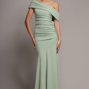 Goddiva Pleated One Shoulder Bardot Fit And Flare Maxi Dress - Sage Green