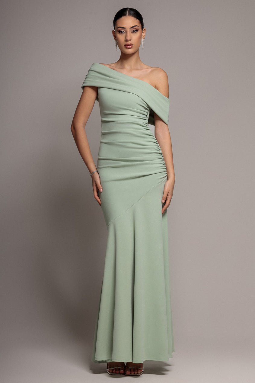 Goddiva Pleated One Shoulder Bardot Fit And Flare Maxi Dress – Sage Green