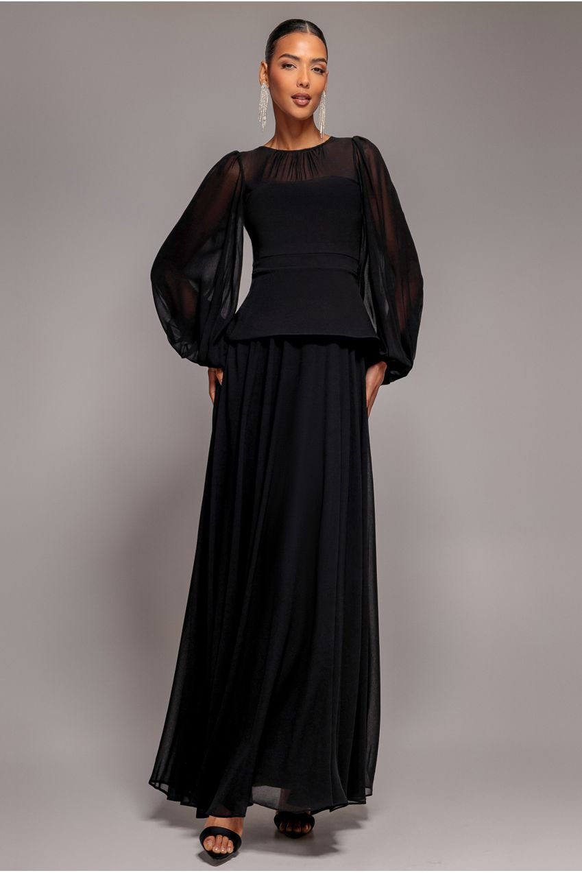 Goddiva Bishop Sleeve Peplum Top Scuba Crepe And Chiffon Maxi Dress – Black