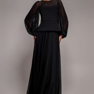 Goddiva Bishop Sleeve Peplum Top Scuba Crepe And Chiffon Maxi Dress - Black