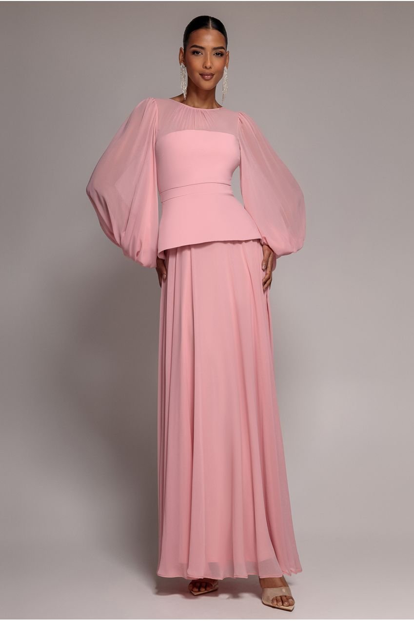 Goddiva Bishop Sleeve Peplum Top Scuba Crepe And Chiffon Maxi Dress – Blush Pink