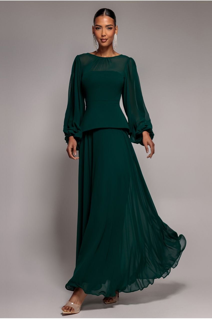 Goddiva Bishop Sleeve Peplum Top Scuba Crepe And Chiffon Maxi Dress – Emerald Green