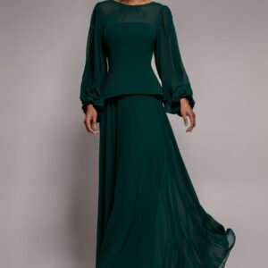 Goddiva Bishop Sleeve Peplum Top Scuba Crepe And Chiffon Maxi Dress - Emerald Green